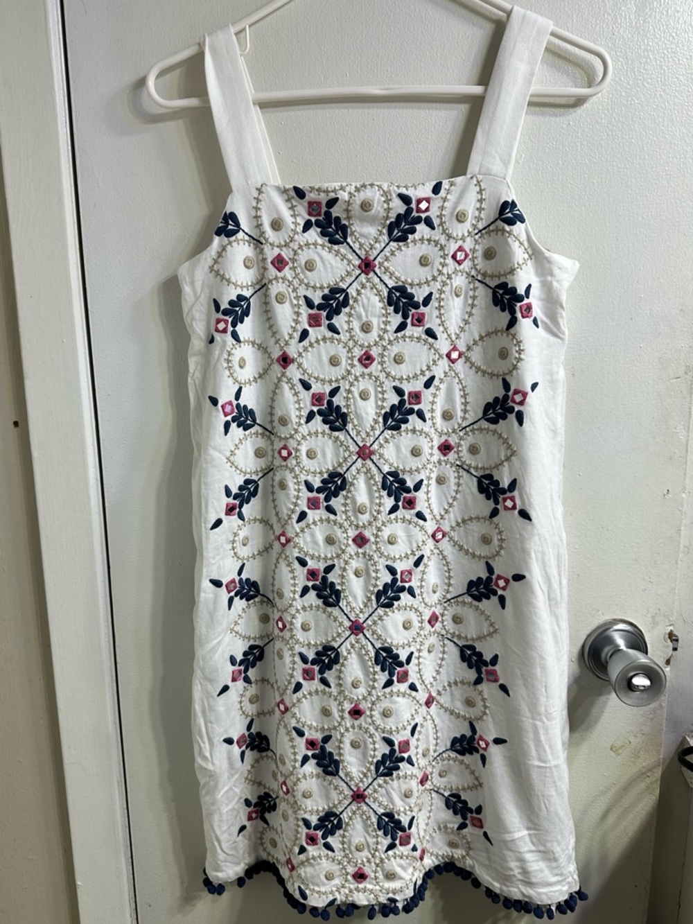 J. Jill White Cotton Mini Dress with Navy & Pink Embroidery